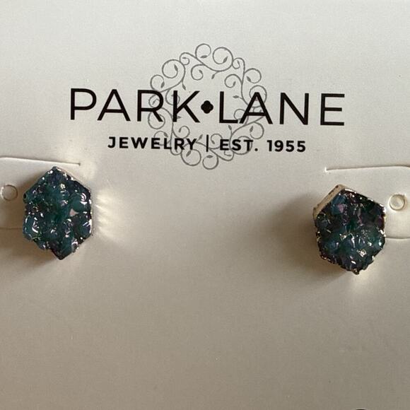 Park Lane "HAILEE" Pierced Earrings‎ GOLD w/ Blue Druzy Stones Studs New - Picture 2 of 9